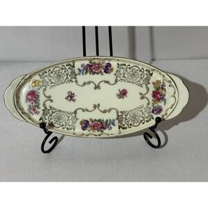 Vintage Victoria Czechoslovakia Porcelain Floral Celery Tray Gold Filigree 801